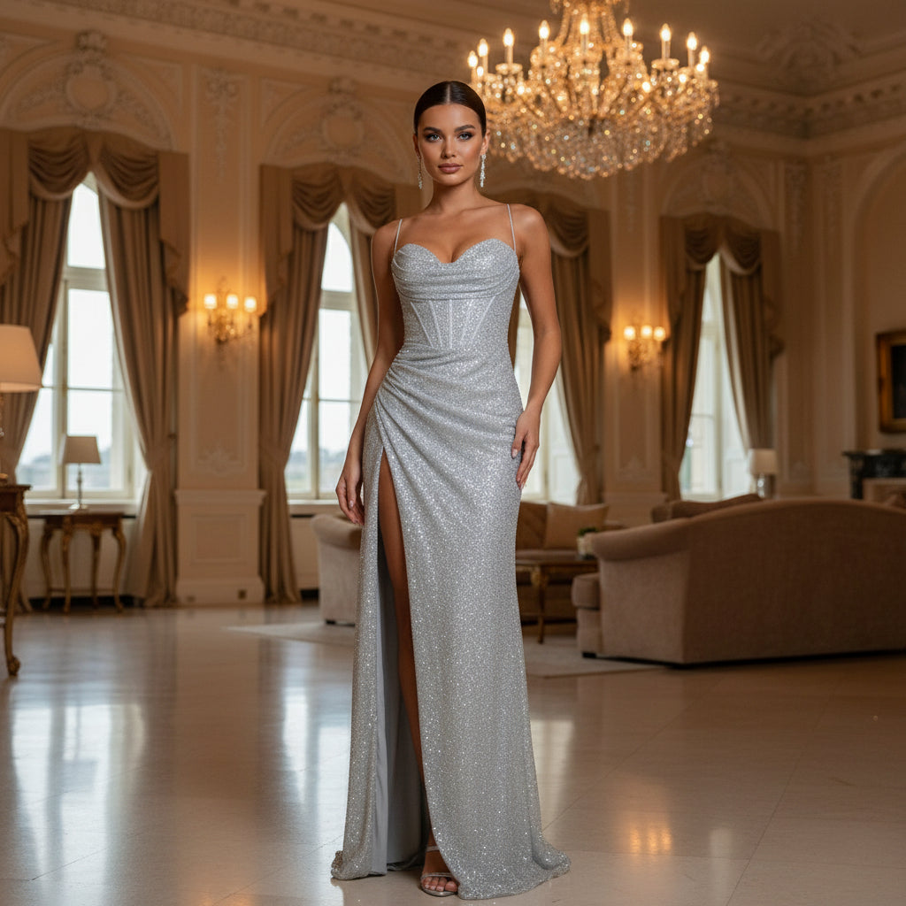 Marietta – Women’s Maxi Dress | Sequined corset, high slit